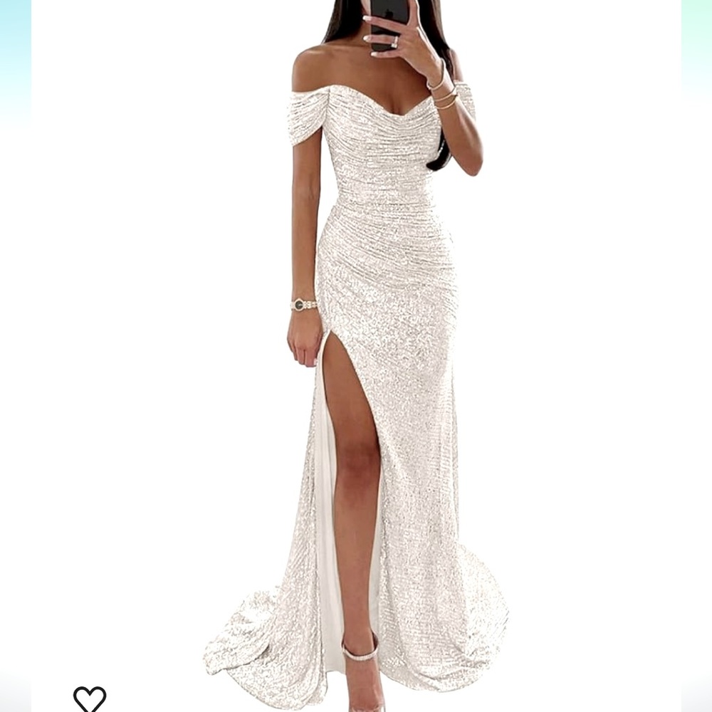 White mermaid, off the shoulder, formal, sequined gown